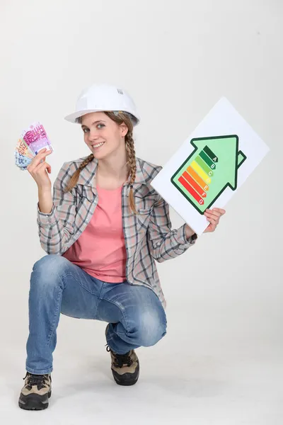Construtora feminina segurando dinheiro e um sinal de classificação de energia — Fotografia de Stock