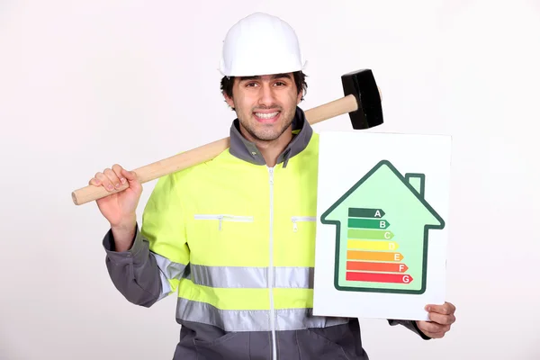 Hombre de pie con martillo de trineo y cartel de calificación de energía — Foto de Stock