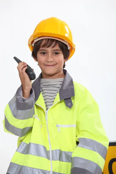 Schoolboy dressed as foreman — Stock Photo, Image