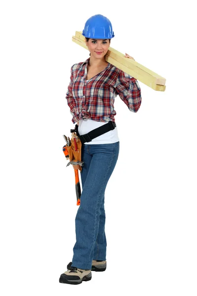 Craftswoman holding a board — Stock Photo, Image