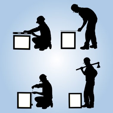 Black silhouettes of four workers wearing hard hat in profile clipart