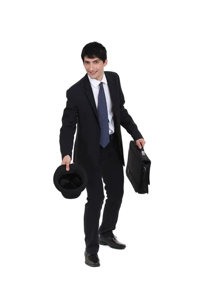 Businessman with top hat and briefcase — Stock Photo, Image