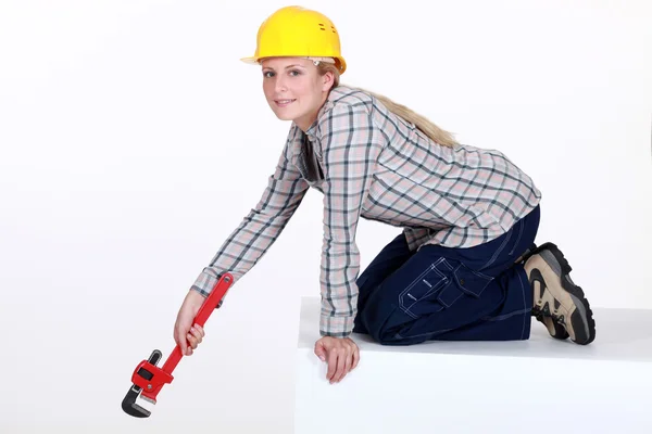 Woman laborer with vernier caliper — Stock Photo, Image