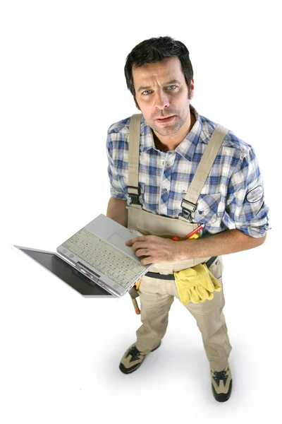 Manliga hantverkare arbetare anläggning laptop — Stockfoto