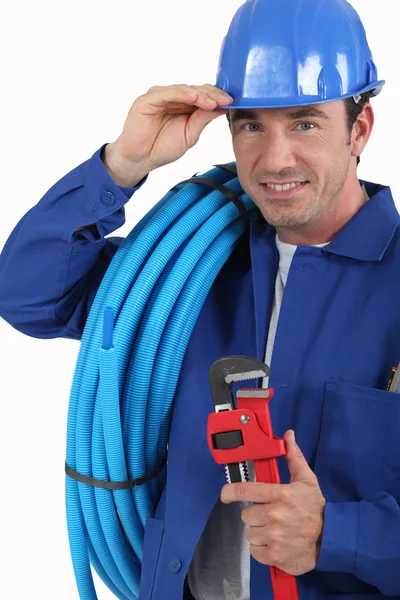 Werknemer met blauwe helm — Stockfoto