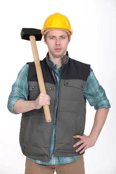 Builder stood with sledge-hammer — Stock Photo, Image