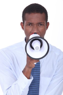 Office worker shouting into megaphone clipart