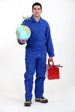 Man with a toolbox and globe clipart