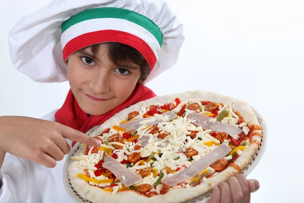 Kid dressed as pizza chef — Stock Photo, Image