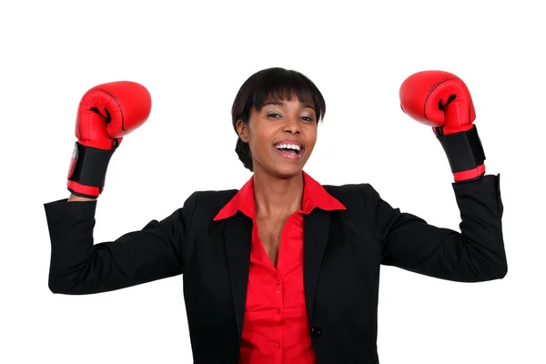 Black lady with boxing gloves — Stock Photo, Image