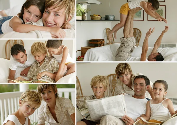 Pais com filhos em casa, foto-montagem — Fotografia de Stock