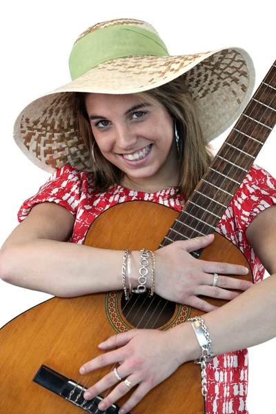Jeune femme avec une guitare acoustique — Photo