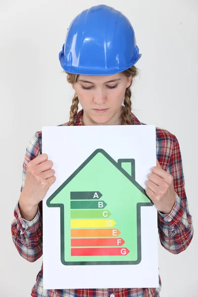 Woman with helmet showing a sign for energy consumption — Stock Photo, Image