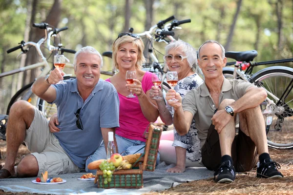 ながら自転車に乗ってピクニックを持っている 2 つのカップル — ストック写真