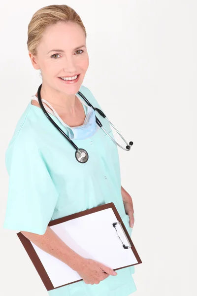 Krankenschwester, Haltegriff, Klemmbrett — Stockfoto