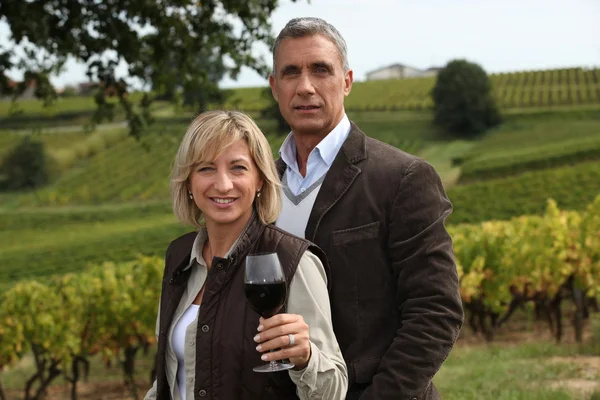 Супружеская пара в винограднике дегустации вина — стоковое фото