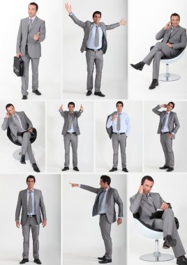 Collage of a man wearing a grey flannel suit clipart