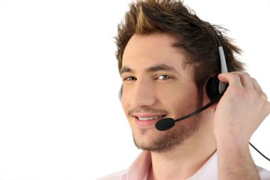 Man wearing telephone head-set clipart