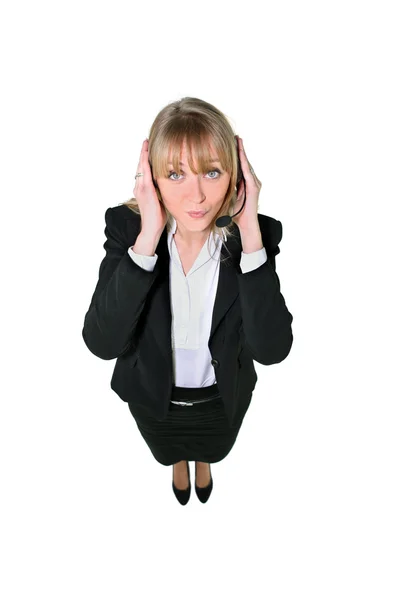 Nő, fárasztó egy telephonist fejhallgató — Stock Fotó