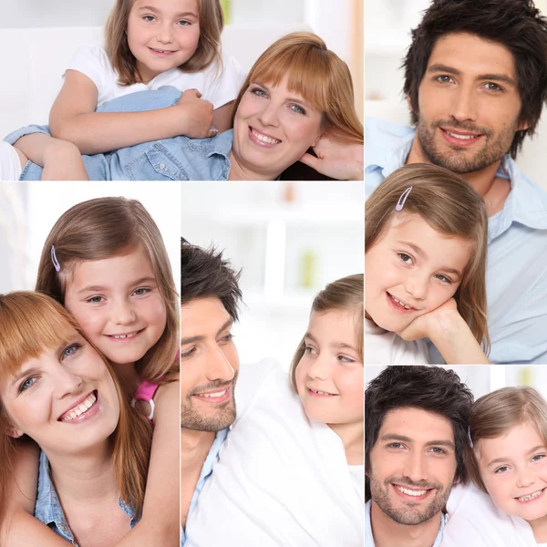 Collage van ouders met kleine meisje thuis — Stockfoto