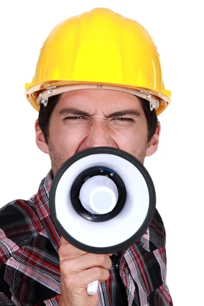 Bir inşaat işçisi grev çağırma. — Stok fotoğraf
