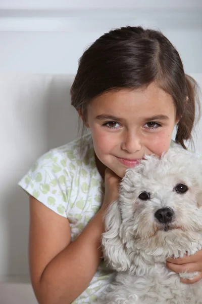 Küçük kız holding küçük beyaz köpek — Stok fotoğraf