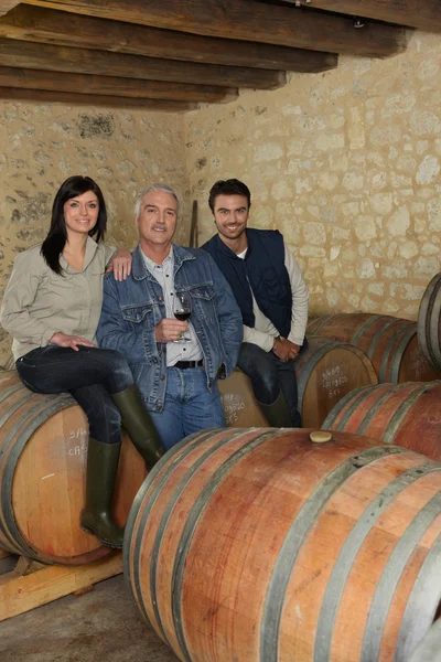Tre vinproducenter leende i källare — Stockfoto