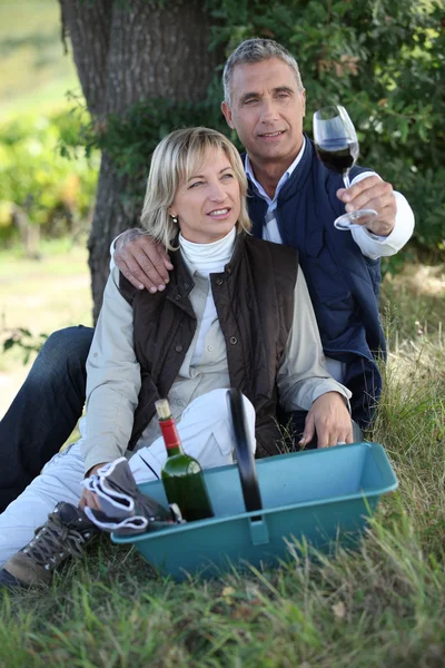 Paar probiert Wein auf dem Feld — Stockfoto