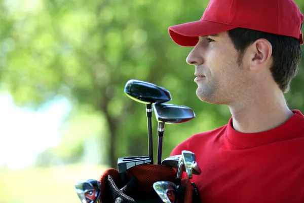 Golf Golf çantası elinde — Stok fotoğraf