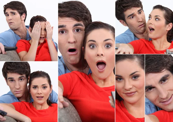 Collage of couple watching TV — Stok fotoğraf
