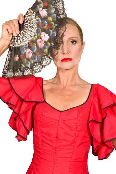 Femme en robe de flamenco avec éventail — Photo