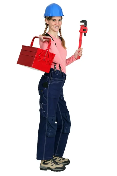 Женщина-работница с ящиком инструментов — стоковое фото