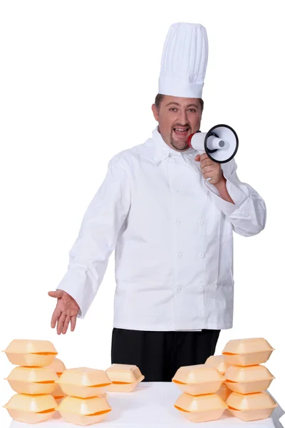 Mężczyzna kucharz z megafon — Zdjęcie stockowe