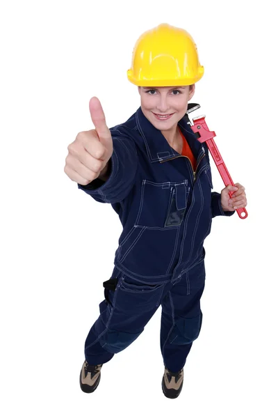 Polegares acima de um trabalhador da construção feminina — Fotografia de Stock
