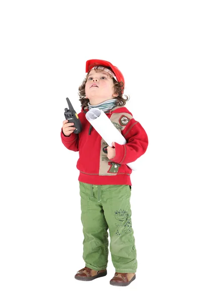 Little boy dressed as architect looking upwards — Stock Photo, Image