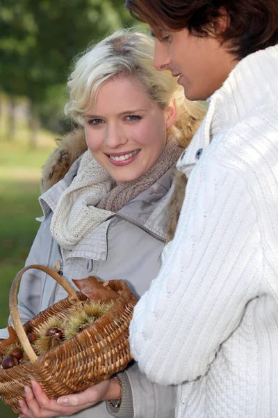 Una coppia che raccoglie castagne . — Foto Stock
