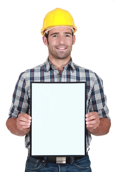 Workers with white panel — Stock Photo, Image