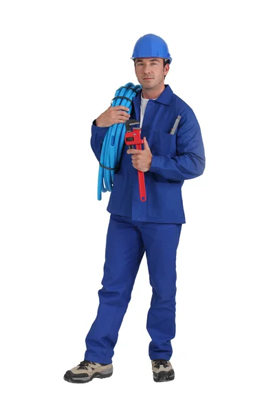 Trabalhador com capacete azul — Fotografia de Stock