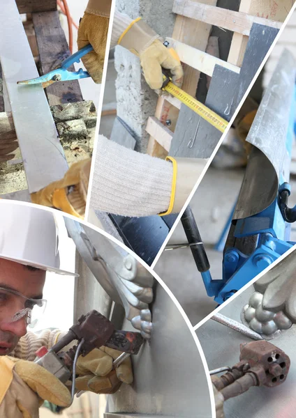 Mosaik av arbetare som arbetar på ett hus — Stockfoto