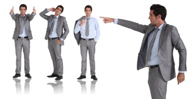 Man in two-piece grey suit striking different poses clipart