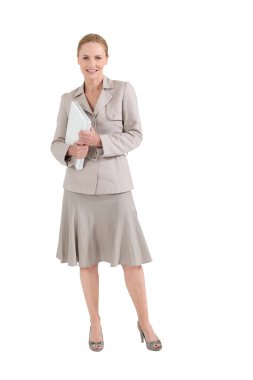 Smiling teacher holding laptop clipart