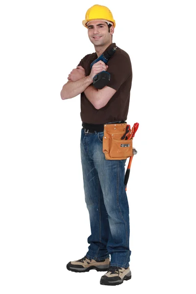 Woodworker holding matkap — Stok fotoğraf