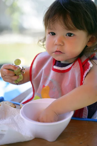 Κοριτσάκι που τρώει τα σταφύλια από ένα μπολ — Φωτογραφία Αρχείου