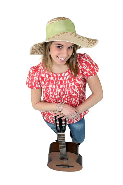 Girl with hat and guitar — Stock Photo, Image
