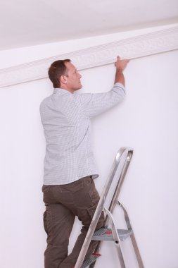 Decorator fitting coving to a ceiling clipart