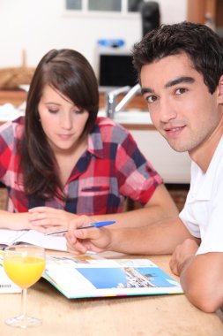 Young couple looking at holiday brochures clipart