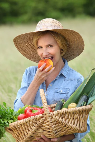 Woman with vegetables basket — Stock Photo, Image