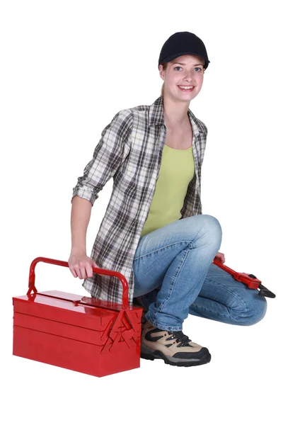 Женщина с ящиком для инструментов — стоковое фото