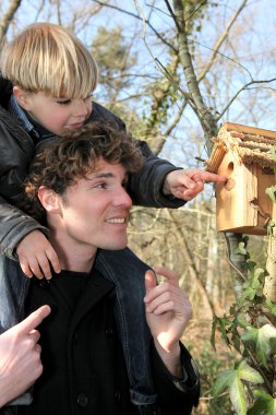 Father and son looking at a birdbox clipart