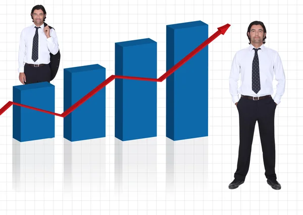 Vertrouwen zakenman op witte achtergrond met grafiek van groeiende winsten — Stockfoto